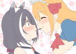  2girls animal_ear_fluff animal_ears bangs blush breasts cat_ears cat_girl close-up closed_eyes crown floral_background food from_side green_eyes highres karyl_(princess_connect!) long_hair looking_at_another low_twintails multicolored_hair multiple_girls nervous orange_hair pecorine_(princess_connect!) pocky pocky_day pocky_kiss princess_connect! purple_hair shirt sideboob sleeveless sleeveless_shirt smile sweatdrop tiara twintails yue_(show-ei) 