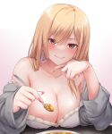  1girl absurdres bare_shoulders blonde_hair bra breasts chien_zero cleavage closed_mouth collarbone commentary_request ear_piercing fingernails food gradient gradient_background grey_jacket hand_on_own_chin highres holding holding_spoon jacket kitagawa_marin large_breasts long_fingernails long_hair long_sleeves looking_at_viewer nail_polish open_clothes open_jacket piercing pink_background pov red_eyes smile solo sono_bisque_doll_wa_koi_wo_suru spoon strap_slip underwear upper_body white_background white_bra 