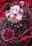  1girl absurdres alternate_costume black_dress black_veil bouquet breasts bridal_veil bride brown_eyes detached_sleeves dress flower highres holding holding_bouquet huge_breasts kantai_collection kentan_(kingtaiki) long_hair red_flower red_rose rose shoukaku_(kancolle) smile solo veil wedding_dress white_hair 