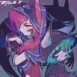  2girls armor artist_name bangs black_hoodie breasts cowboy_shot fang feathers fingernails green_hair highres hood hood_up hoodie league_of_legends long_hair long_sleeves looking_at_viewer medium_breasts multiple_girls orange_eyes pink_eyes red_hair red_nails sharp_fingernails shiny shiny_hair sleeves_past_fingers sleeves_past_wrists upper_body vastaya vex_(league_of_legends) xayah yordle ztdlb 