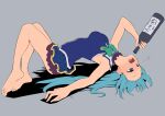  1girl aqua_(konosuba) bare_arms bare_legs barefoot blue_eyes blue_hair body_bridge bottle breasts drunk kono_subarashii_sekai_ni_shukufuku_wo! large_breasts long_hair lying on_back salpin simple_background soles solo 