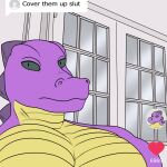  alligator alligatorid anthro big_pecs cover_them_up_slut crocodilian green_eyes looking_at_viewer male meme neutral_expression neutral_face norikak pecs purple_body reptile scalie sergio_the_buff solo tiktok yellow_chest 