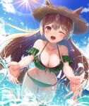 1girl :d animal_ears ass_visible_through_thighs bangs bikini blue_sky breasts brown_hair cleavage cloud commentary_request eyebrows_visible_through_hair frilled_bikini frills green_bikini hair_ornament hat highres horse_ears horse_girl horse_tail long_hair looking_at_viewer navel ocean one_eye_closed open_mouth outdoors red_eyes satono_diamond_(umamusume) sky smile splashing standing stomach straw_hat sun sunlight swimsuit tail teeth thigh_gap umamusume upper_teeth wading wanderlucia water water_drop 