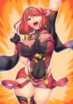  1girl bangs black_gloves breasts chest_jewel earrings fingerless_gloves gloves highres jewelry large_breasts pyra_(xenoblade) red_eyes red_hair red_legwear red_shorts short_hair short_shorts shorts solo swept_bangs thighhighs tiara xenoblade_chronicles_(series) xenoblade_chronicles_2 yui_sora 