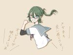  1girl alternate_hairstyle amagiri_(kancolle) amagiri_(kancolle)_(cosplay) bespectacled black_undershirt cosplay glasses green_eyes green_hair grey-framed_eyewear heterochromia kamoku_nagi kantai_collection kiso_(kancolle) ponytail scar scar_across_eye school_uniform serafuku short_sleeves smile solo translation_request yellow_eyes 