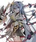  1girl 2022 bangs black_gloves black_hair chinese_clothes closed_mouth fingerless_gloves fu_hua fu_hua_(herrscher_of_sentience) gloves hair_ornament highres holding holding_whip honkai_(series) honkai_impact_3rd long_hair looking_at_viewer red_eyes sketch solo sword weapon white_background yemengjiang yin_yang 
