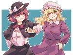  2girls blonde_hair blue_background bow brown_hair dress hat highres long_sleeves looking_at_another maribel_hearn mob_cap multiple_girls parted_lips pink_eyes purple_dress purple_eyes short_hair simple_background skirt smile touhou usami_renko wasabisuke white_background 