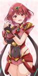  1girl absurdres bangs black_gloves breasts chest_jewel earrings fingerless_gloves gloves highres jewelry kurokaze_no_sora large_breasts pyra_(xenoblade) red_eyes red_hair red_legwear red_shorts short_hair short_shorts shorts solo swept_bangs thighhighs tiara xenoblade_chronicles_(series) xenoblade_chronicles_2 