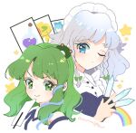  2girls artist_name azuma_aya bangs between_fingers blue_eyes braid buttons closed_mouth commentary_request eyelashes frog_hair_ornament gohei green_eyes green_hair hair_ornament holding holding_knife izayoi_sakuya knife knives_between_fingers kochiya_sanae long_hair looking_at_viewer maid multiple_girls nontraditional_miko one_eye_closed portrait rainbow sidelocks silver_hair simple_background single_hair_tube smile snake_hair_ornament touhou twin_braids unconnected_marketeers v-shaped_eyebrows white_background wing_collar 