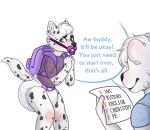 2019 ambiguous_gender anthro archived_source backpack blush clothed clothing dialogue diaper digital_drawing_(artwork) digital_media_(artwork) duo english_text fur gag hair knee_blush monsterbunny pacifier pacifier_gag simple_background speech_bubble text 