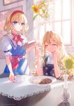  3girls alice_margatroid artist_name bangs blonde_hair blue_dress blue_eyes blue_nails blue_ribbon blush bow bowtie braid buttons closed_eyes closed_mouth commentary_request cup curry curry_rice double-breasted dress eyelashes fairy flower flower_pot food hair_ribbon hairband hand_on_own_cheek hand_on_own_face highres hinasumire holding holding_tray indoors kirisame_marisa lolita_hairband long_hair looking_at_another minigirl multiple_girls no_hat no_headwear painting_(object) parted_lips puffy_short_sleeves puffy_sleeves red_bow red_bowtie red_hairband red_ribbon ribbon rice shirt short_hair short_sleeves single_braid sitting smile sunflower table tablecloth teacup touhou tray tress_ribbon white_curtains white_shirt window 