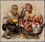  1boy blackguard_big_boggart butter cooking elden_ring food helmet highres lobster looking_at_viewer nightmaresyrup pot solo squatting 