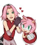  2girls akatsukiarts amy_rose black_gloves color_connection crossover furry furry_female gloves green_eyes haruno_sakura heart multiple_girls naruto_(series) naruto_shippuuden open_mouth pink_hair red_hair simple_background smile sonic_(series) trait_connection white_background white_gloves 