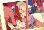  3boys bakugou_katsuki bangs blonde_hair blush boku_no_hero_academia bouquet box box_of_chocolates candy chocolate classroom couple donnaoneone flower food grey_jacket heart heart-shaped_box heart-shaped_chocolate jacket kirishima_eijirou looking_at_another male_focus multiple_boys open_clothes open_jacket open_mouth red_eyes red_flower red_hair red_rose rose school_uniform shirt sitting spiked_hair white_shirt yaoi 