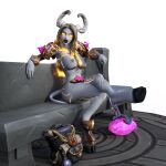  armor bbdworks blizzard_entertainment colored_nails draenei female glowing glowing_eyes glowing_markings hi_res hooves horn humanoid lipstick makeup markings nails sitting solo video_games warcraft weapon 