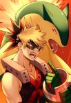  1boy bakugou_katsuki bangs bara black_shirt blonde_hair boku_no_hero_academia domino_mask donnaoneone gloves green_gloves hand_up large_pectorals looking_at_viewer male_focus mask muscular muscular_male open_mouth pectorals pokemon pokemon_(creature) red_eyes shirt short_hair sleeveless sleeveless_shirt spiked_hair taut_clothes taut_shirt typhlosion upper_body vambraces 