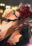  ! 2boys arms_around_neck bakugou_katsuki bangs black_shirt blonde_hair blurry blurry_background boku_no_hero_academia bouquet brown_coat closed_mouth coat donnaoneone eye_contact flower holding holding_bouquet hug kirishima_eijirou looking_at_another male_focus multiple_boys open_clothes open_coat red_eyes red_flower red_hair red_rose rose sharp_teeth shirt smile spiked_hair superhero teeth yaoi 