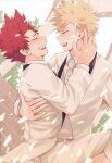  2boys bakugou_katsuki blush boku_no_hero_academia carrying confetti couple donnaoneone formal husband_and_husband jacket jewelry kirishima_eijirou looking_at_another male_focus multiple_boys necktie open_clothes open_jacket pants princess_carry red_eyes ring sharp_teeth shirt smile suit teeth wedding wedding_ring white_jacket white_pants white_shirt white_suit yaoi 