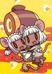 2girls animal_ears april_fools chibi dark-skinned_female dark_skin fate/grand_order fate_(series) hammer highres holding_hands looking_at_viewer maid maid_headdress mouse_ears mouse_girl mouse_tail multiple_girls official_art red_eyes riyo_(lyomsnpmp) riyo_servant_(mice)_(fate) smile tail white_hair 