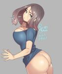 1girl agawa_ryou ass bottomless breasts cleavage curvy grey_background grey_hair large_breasts long_hair looking_at_viewer original shirt simple_background solo 