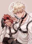  2boys angel angel_wings bakugou_katsuki bangs bara black_pants blonde_hair boku_no_hero_academia chest_harness collared_shirt demon_boy demon_horns demon_wings donnaoneone halo hand_up hands_in_pockets harness highres horns kirishima_eijirou large_pectorals male_focus multiple_boys muscular muscular_male necktie pants pectorals red_eyes red_hair shirt short_hair smile spiked_hair v white_shirt wings 