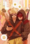  2boys bakugou_katsuki bangs baseball_cap black_hoodie blonde_hair boku_no_hero_academia donnaoneone emoji hand_in_another&#039;s_pocket hat highres holding holding_phone hood hood_up hoodie kirishima_eijirou looking_at_viewer male_focus multiple_boys orange_pants pants phone red_hair sharp_teeth short_hair smile sunglasses teeth tongue tongue_out v yellow_pants 