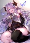  1girl absurdres bangs bare_shoulders belt blue_eyes blush braid breasts bug butterfly draph elbow_gloves gloves gradient gradient_background granblue_fantasy hair_ornament hair_over_one_eye highres horns kat_(bu-kunn) large_breasts lips long_hair looking_at_viewer narmaya_(granblue_fantasy) open_mouth pink_hair pointy_ears shiny shiny_hair simple_background single_thighhigh sitting sleeveless smile solo thigh_strap thighhighs tied_hair 