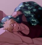  1boy bakugou_katsuki bed bedroom black_tank_top boku_no_hero_academia camouflage donnaoneone hand_on_own_head looking_at_viewer lying male_focus on_side open_mouth pectorals pillow red_eyes solo spiked_hair tank_top 