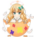  1girl :o bangs blonde_hair blush bow broken_egg commentary_request egg eggshell eyebrows_visible_through_hair feathered_wings flower gochuumon_wa_usagi_desu_ka? green_bow green_eyes hair_bow hair_flower hair_ornament halo hands_up kirima_syaro long_hair looking_at_viewer mitya parted_lips simple_background solo tears white_background white_feathers white_flower white_wings wings 