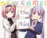  2girls blush closed_mouth copyright_name eyebrows_visible_through_hair hairband highres long_hair long_sleeves looking_at_viewer mochizuki_momiji multiple_girls new_game! official_art open_mouth pink_hair purple_eyes purple_hair short_hair smile suzukaze_aoba tokunou_shoutarou translation_request twintails 