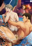  2boys abs ahoge anal ass blurry blurry_background bokeh brown_eyes brown_hair completely_nude depth_of_field exhibitionism fish goldfish grey_eyes grey_hair haikyuu!! highres idoraad in_water japanese_clothes looking_at_another mole mole_under_eye multiple_boys nude public_indecency saliva sawamura_daichi sex sex_from_behind splashing sugawara_koushi toned toned_male tongue tongue_out torso_grab wading_pool yaoi 