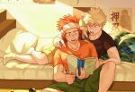  2boys bakugou_katsuki bangs bed black_shirt blonde_hair boku_no_hero_academia book donnaoneone green_shorts headband holding holding_book holding_pen kirishima_eijirou lying male_focus multiple_boys on_bed on_side open_book open_mouth orange_shirt pen red_eyes red_hair sharp_teeth shirt short_hair shorts sitting socks spiked_hair teeth yellow_shorts 