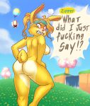  angry animal_crossing anthro astralsheep balloon blush breasts buckteeth butt cherry_blossom cherry_tree female fruit_tree fur gift_box hands_on_hips hi_res inflatable lagomorph leporid mammal mostly_nude nintendo nipples outside pigtails plant profanity rabbit side_boob solo teeth tree video_games waterfall yelling yellow_body yellow_fur zipper_t._bunny 