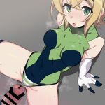  1boy 1girl akatsuki_kirika blonde_hair breasts covered_navel green_eyes green_leotard hair_ornament highres impossible_clothes impossible_leotard kuro_mushi leotard looking_at_viewer medium_breasts senki_zesshou_symphogear shiny shiny_clothes shiny_hair shiny_skin short_hair sitting skin_tight solo_focus spread_legs striped x_hair_ornament 