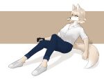  2021 4:3 anthro black_nails blonde_hair blue_pant canid canine clothing colored_nails digital_media_(artwork) female fox fur hair hi_res holding_object korfiorano mammal nails phone shirt simple_background solo t-shirt tan_body tan_fur topwear white_clothing white_shirt white_sneakers white_t-shirt white_topwear yellow_body yellow_eyes yellow_fur 