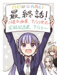  arms_up blonde_hair blue_eyes blush brown_hair character_request copyright_name eyebrows_visible_through_hair highres holding holding_sign long_hair long_sleeves looking_at_viewer new_game! open_mouth parted_lips purple_eyes purple_hair short_hair sign smile suzukaze_aoba teeth tokunou_shoutarou translation_request twintails yagami_kou 