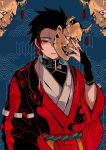  1boy absurdres alternate_universe black_hair blue_background blue_nails bridal_gauntlets demon_slayer_uniform earrings hair_slicked_back hand_up hannya highres holding holding_mask hoop_earrings japanese_clothes jewelry kamado_takeo kimetsu_no_yaiba kimono layered_clothing long_sleeves male_focus mask mask_removed mole mole_under_eye one_eye_covered parted_lips red_eyes sash seigaiha single_earring solo upper_body widow&#039;s_peak yagasuri youshima 