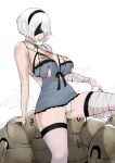 1girl absurdres bandaged_arm bandaged_leg bandages bangs bare_shoulders black_blindfold blindfold breasts cleavage cosplay covered_eyes hairband highres kaine_(nier) kaine_(nier)_(cosplay) large_breasts lingerie negligee nier nier_(series) nier_automata puzenketsu robot short_hair thighhighs thighs underwear white_hair white_legwear yorha_no._2_type_b 