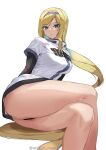  1girl ashiomi_masato ass bare_legs black_panties blonde_hair blue_eyes breasts crossed_legs dress fingerless_gloves gloves guilty_gear guilty_gear_x guilty_gear_xx headband highres long_hair looking_at_viewer millia_rage panties simple_background sitting solo thick_thighs thighs twitter_username underwear very_long_hair white_background 