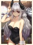  1girl asicah bangs bare_shoulders beige_border black_leotard blurry blurry_background breasts cleavage covered_navel cowboy_shot dated dioreta_(asicah) grey_hair groin horns large_breasts leotard long_hair looking_at_viewer original outside_border poker_chip purple_eyes salute solo two-finger_salute wrist_cuffs 
