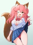  1girl animal_ear_fluff animal_ears ass_visible_through_thighs blush breasts cleavage eyebrows_visible_through_hair fang fate/grand_order fate_(series) fox_ears fox_girl fox_tail gradient gradient_background groin highres large_breasts lifted_by_self long_hair looking_at_viewer no_bra one_eye_closed open_clothes open_mouth open_shirt pankeiki panties pink_hair pleated_skirt red_panties school_uniform skin_fang skirt solo tail tamamo_(fate) tamamo_no_mae_(fate/extra) twintails underwear uniform yellow_eyes 