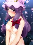  1girl blush breasts cleavage closed_mouth embarrassed hat holding holding_towel long_hair medium_breasts mob_cap naked_towel nose_blush onsen patchouli_knowledge pink_headwear purple_eyes purple_hair touhou towel towel_around_breasts towel_tug very_long_hair yadokari_genpachirou 