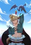  1boy abs aqua_jacket bakugou_katsuki bangs bara belt blonde_hair brown_gloves character_name cloud cropped_jacket crown dated day donnaoneone dragon earrings fur-trimmed_jacket fur_trim gloves happy_birthday highres holding holding_sword holding_weapon jacket jewelry large_pectorals looking_at_viewer male_focus muscular muscular_male navel open_clothes outdoors pectorals red_eyes sheath sheathed short_hair sky smile spiked_hair sword weapon 