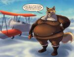  2022 absurd_res aircraft airplane anthro balto balto_(film) basicbiscuit belly belt big_belly blurred_background boots brown_body brown_eyes brown_fur canid canine canis clothing dialogue eyewear footwear fur gloves goggles grey_body grey_fur hand_on_hip handwear hi_res hybrid male mammal mountain overweight pilot pilot_uniform snow solo speech_bubble tight_clothing universal_studios wolfdog yellow_sclera 