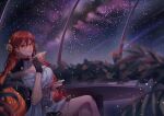  1girl asamanemo black_gloves black_jacket breasts cleavage closed_mouth cloud cloudy_sky crossed_legs cup dress gloves hair_ornament highres holding holding_cup honkai:_star_rail honkai_(series) jacket lips long_hair looking_at_viewer murata_himeko night night_sky red_hair single_glove sitting sky smile solo star_(sky) starry_sky table teacup white_dress yellow_eyes 