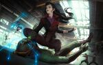  asami_sato avatar_(series) black_hair blurry blurry_background bolin electricity element_bending fighting fighting_stance fingerless_gloves gauntlets gloves hand_on_another&#039;s_face korra long_hair mako_(avatar) mask midair pinned reward_available single_gauntlet the_legend_of_korra warehouse zarory 
