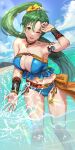  1girl arm_strap armpits ass_visible_through_thighs beach belt bikini blue_bikini blue_sky breasts choker cleavage cloud collarbone day earrings eyebrows_behind_hair feet_out_of_frame fire_emblem fire_emblem:_the_blazing_blade fire_emblem_heroes floating_hair flower green_eyes green_hair groin hair_flower hair_ornament highres huge_breasts ippers jewelry large_breasts leaning_forward lens_flare long_hair looking_at_viewer lyn_(fire_emblem) lyn_(summer)_(fire_emblem) mountain navel official_alternate_costume one_eye_closed ponytail sash shadow sky solo splashing stomach swimsuit tassel thighs very_long_hair wading water wrist_guards yellow_sash 