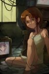  1girl absurdres asymmetrical_hair barefoot brown_eyes brown_hair cable closed_mouth dress hair_ornament hairclip highres iwakura_lain kornod looking_at_viewer serial_experiments_lain short_hair sitting skirt sleeveless solo white_dress x_hair_ornament 