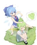  2girls adjusting_another&#039;s_hair alternate_hairstyle blue_dress blue_eyes blue_hair bow cirno closed_eyes daiyousei dress esthoric flower frustrated grass green_hair hair_bow happy highres ice ice_wings knees_to_chest legs_apart mary_janes multiple_girls shirt shoes short_hair short_sleeves simple_background sitting sleeping smile touhou white_background wings 