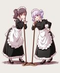  2girls :3 alternate_costume alternate_hairstyle black_footwear black_hair closed_mouth double_bun enmaided eyebrows_visible_through_hair hand_on_hip high_heels highres holding holding_mop long_sleeves looking_at_viewer maid maid_headdress mop multiple_girls narumi_tsubame new_game! official_art open_mouth purple_eyes purple_hair short_hair smile suzukaze_aoba tokunou_shoutarou white_legwear yellow_eyes 